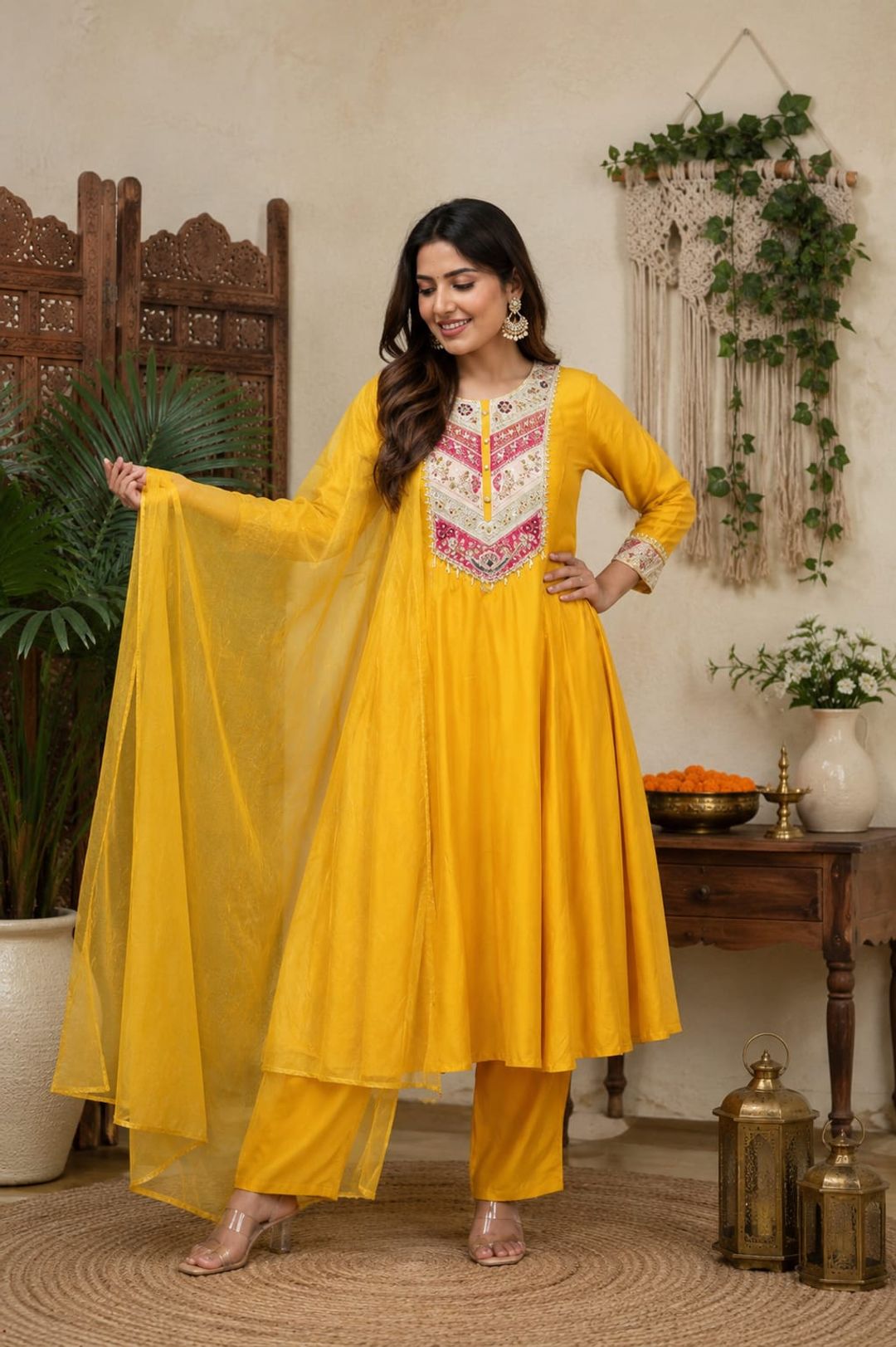 Mustard Viscose Chanderi Kurta Set with Sequence Embroidery