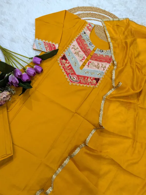 Mustard Viscose Chanderi Kurta Set with Sequence Embroidery