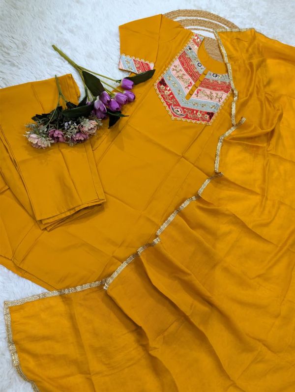 Mustard Viscose Chanderi Kurta Set with Sequence Embroidery