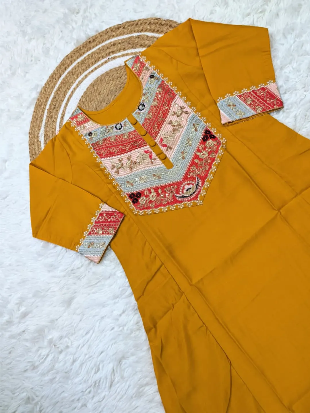 Mustard Viscose Chanderi Kurta Set with Sequence Embroidery