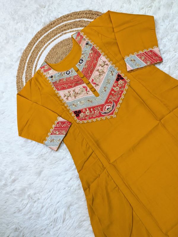 Mustard Viscose Chanderi Kurta Set with Sequence Embroidery