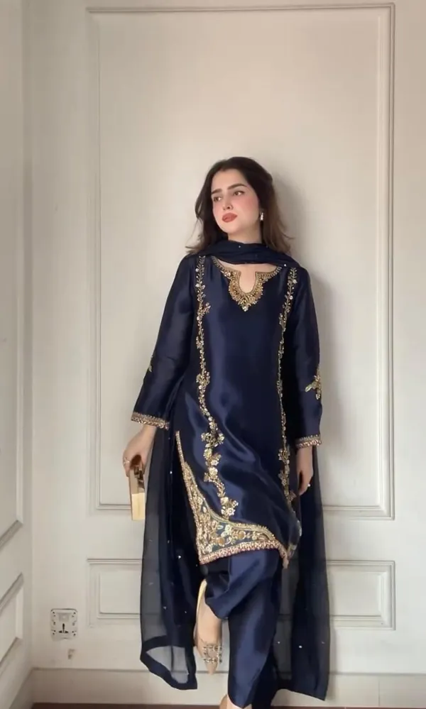 Midnight Blue Natural Crepe Patiala Kurta Set with Embroidery
