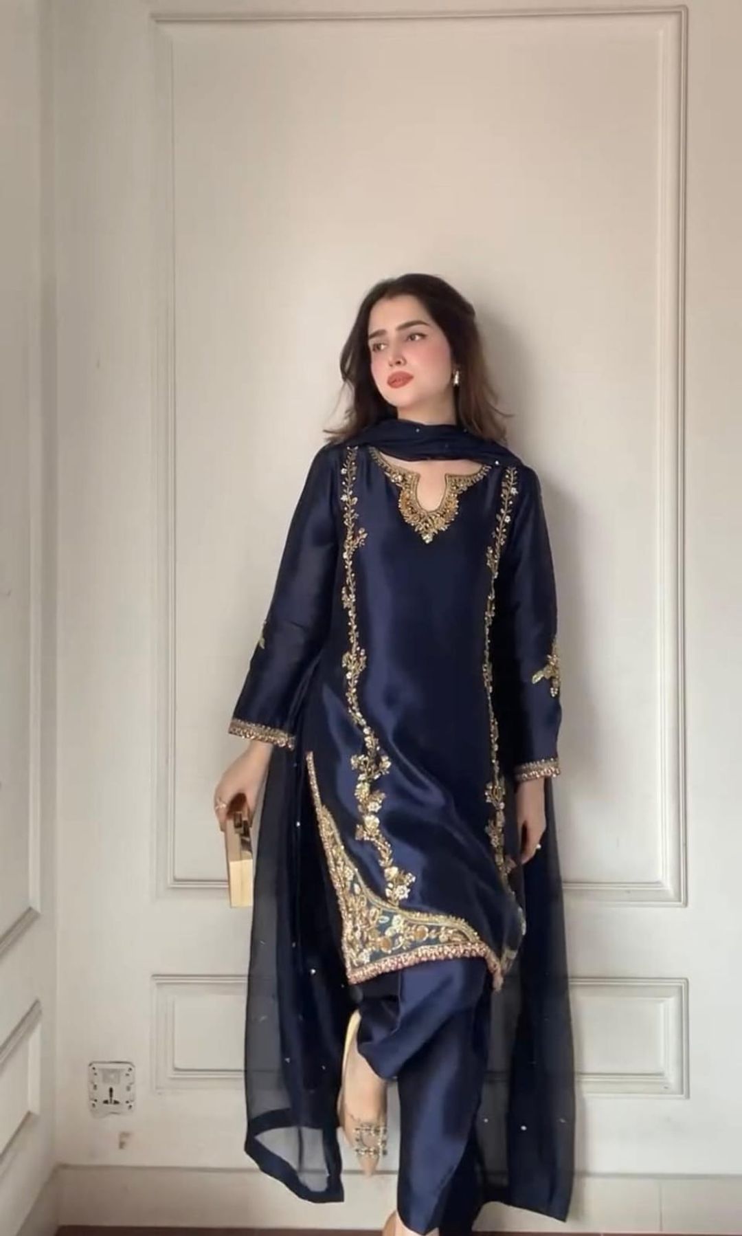 Midnight Blue Natural Crepe Patiala Kurta Set with Embroidery