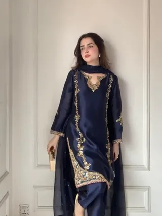 Midnight Blue Natural Crepe Patiala Kurta Set with Embroidery