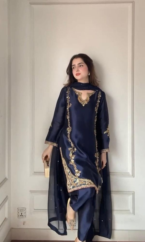 Midnight Blue Natural Crepe Patiala Kurta Set with Embroidery