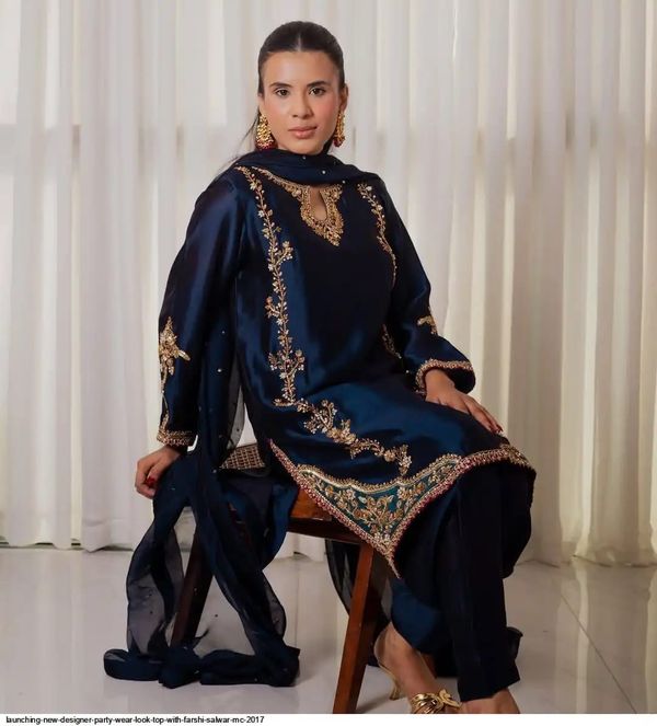 Midnight Blue Natural Crepe Patiala Kurta Set with Embroidery