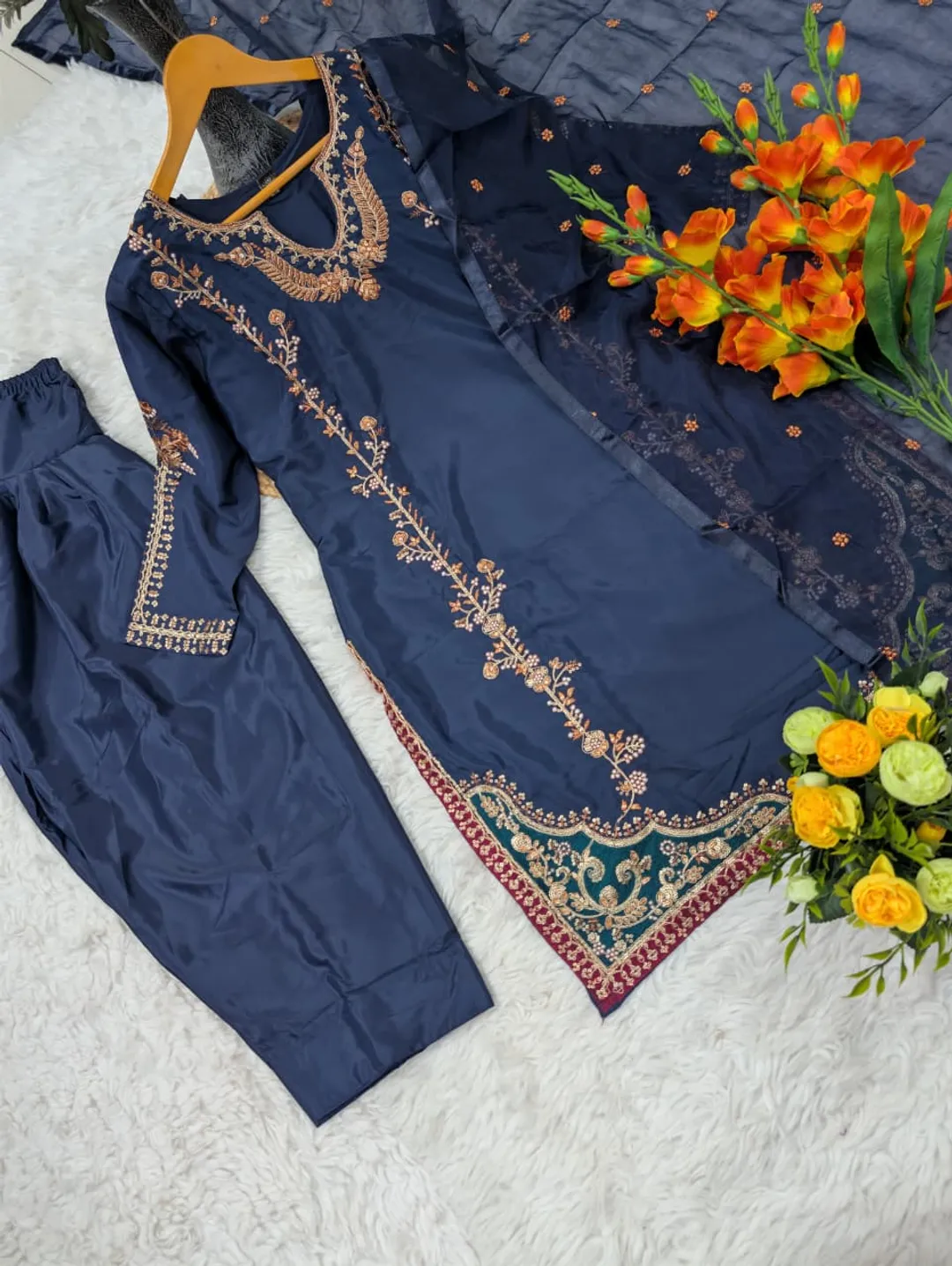 Midnight Blue Natural Crepe Patiala Kurta Set with Embroidery