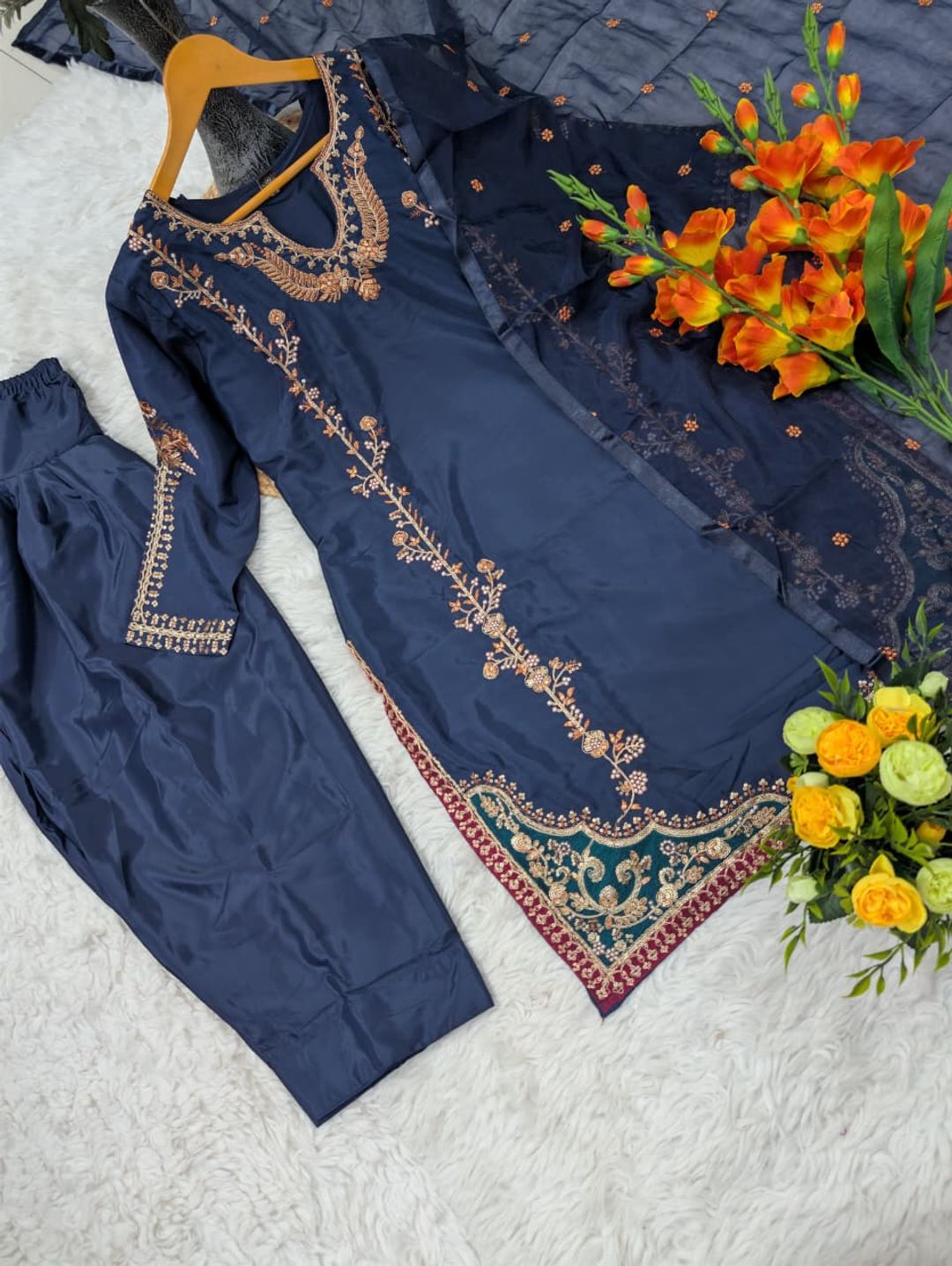 Midnight Blue Natural Crepe Patiala Kurta Set with Embroidery