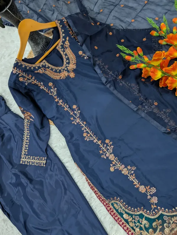 Midnight Blue Natural Crepe Patiala Kurta Set with Embroidery