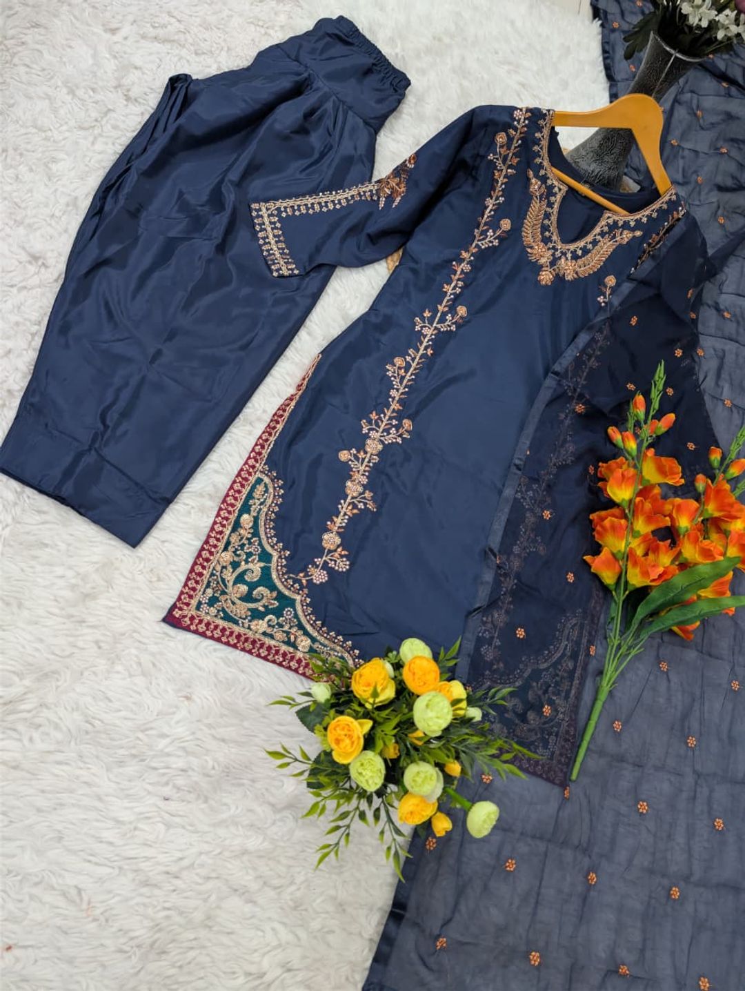 Midnight Blue Natural Crepe Patiala Kurta Set with Embroidery