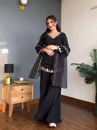 Black Heavy Silk Crepe Kurta Set with Sequence Embroidery