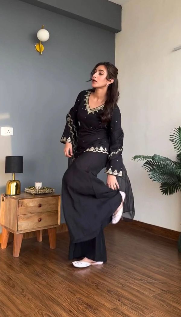 Black Heavy Silk Crepe Kurta Set with Sequence Embroidery