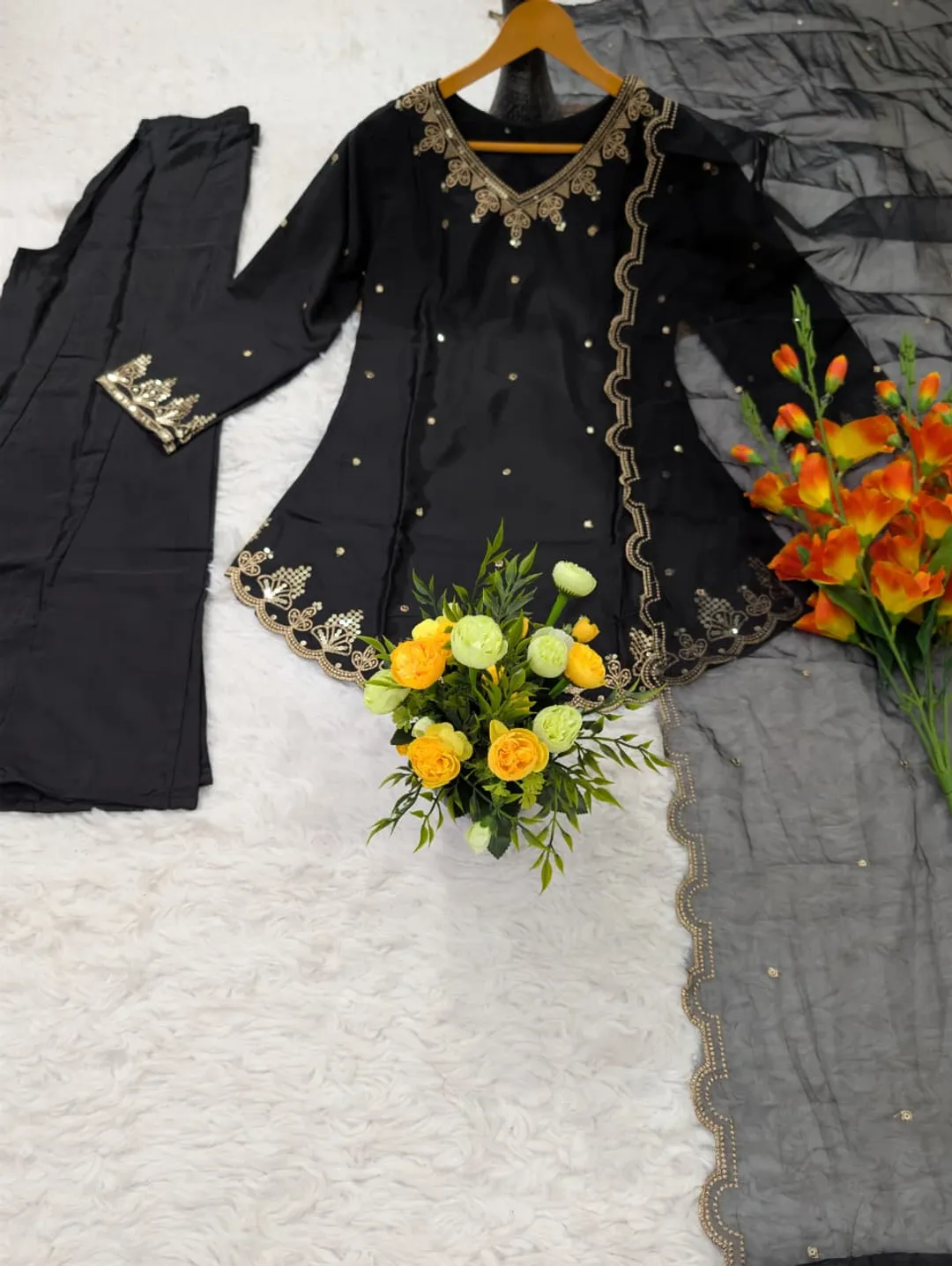 Black Heavy Silk Crepe Kurta Set with Sequence Embroidery