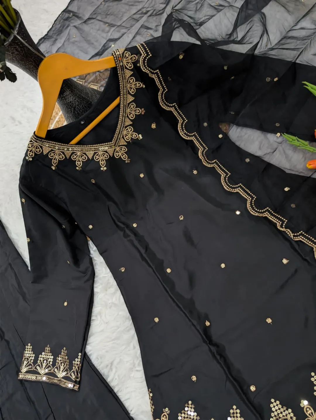 Black Heavy Silk Crepe Kurta Set with Sequence Embroidery
