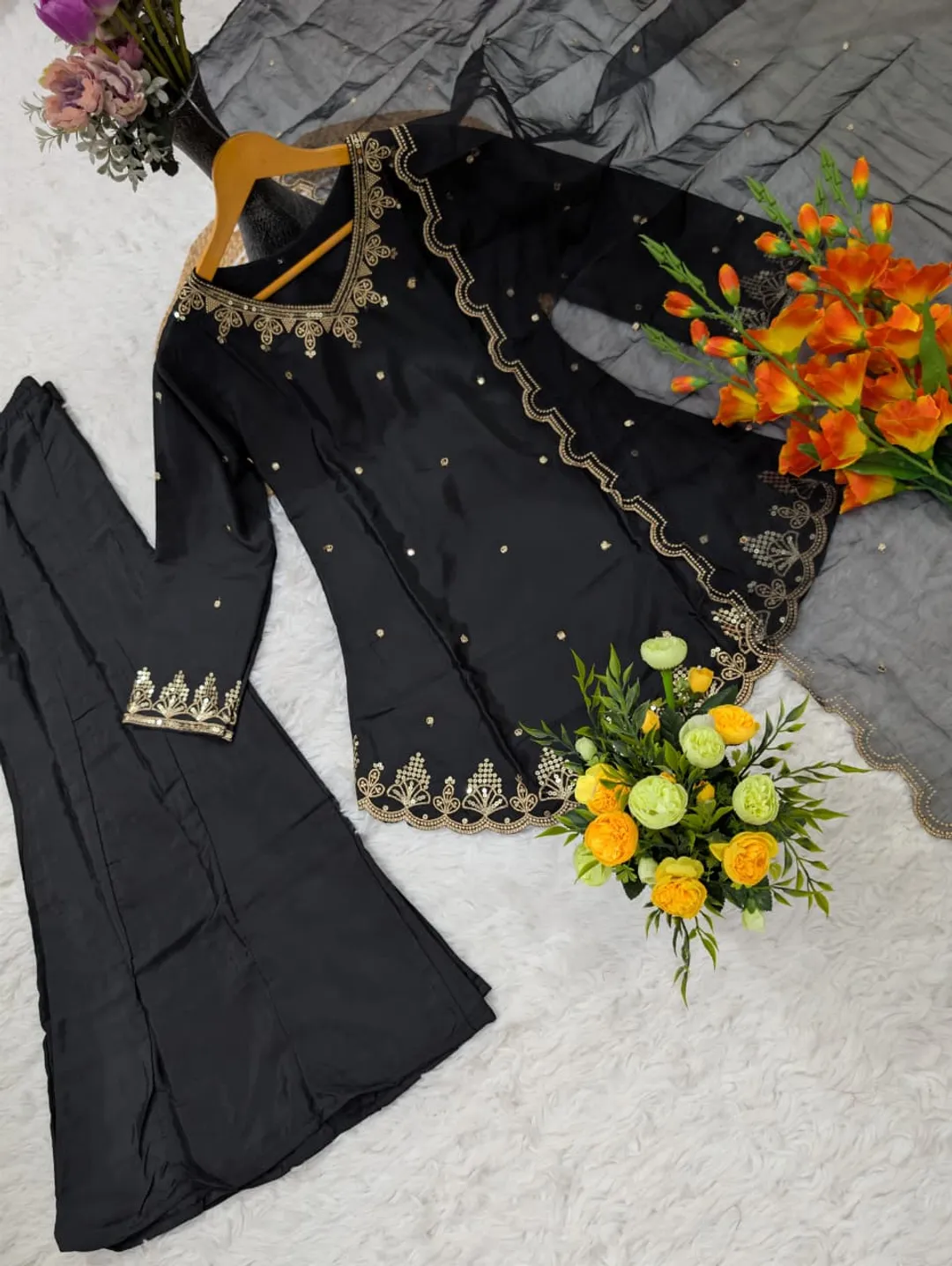 Black Heavy Silk Crepe Kurta Set with Sequence Embroidery