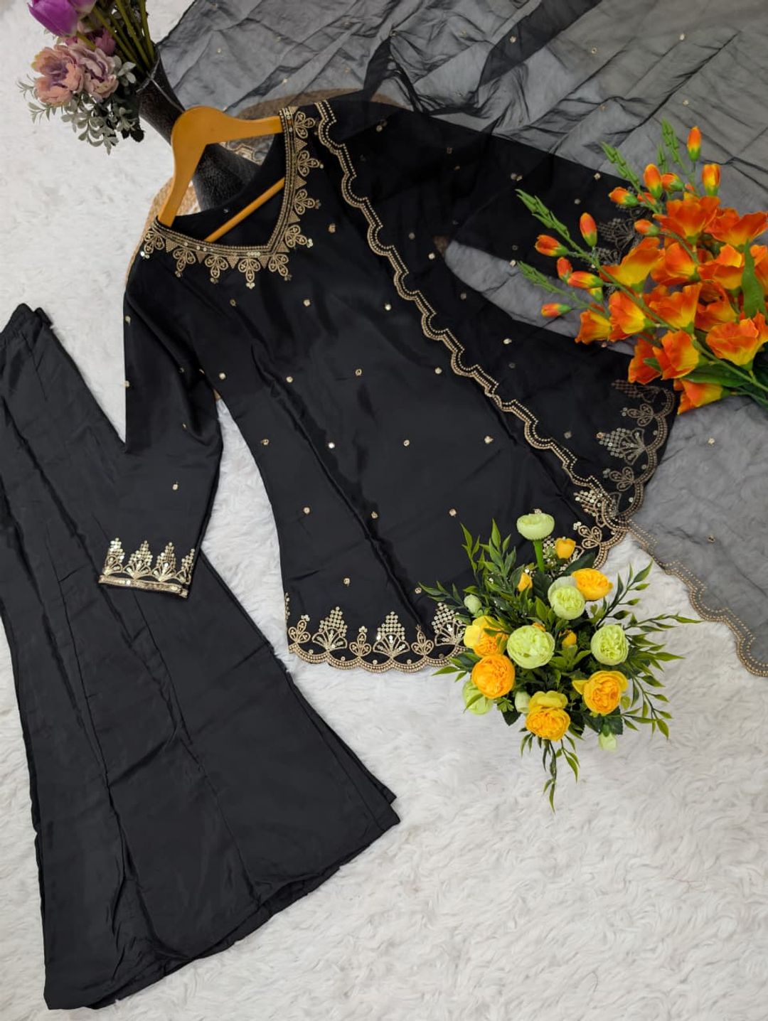 Black Heavy Silk Crepe Kurta Set with Sequence Embroidery