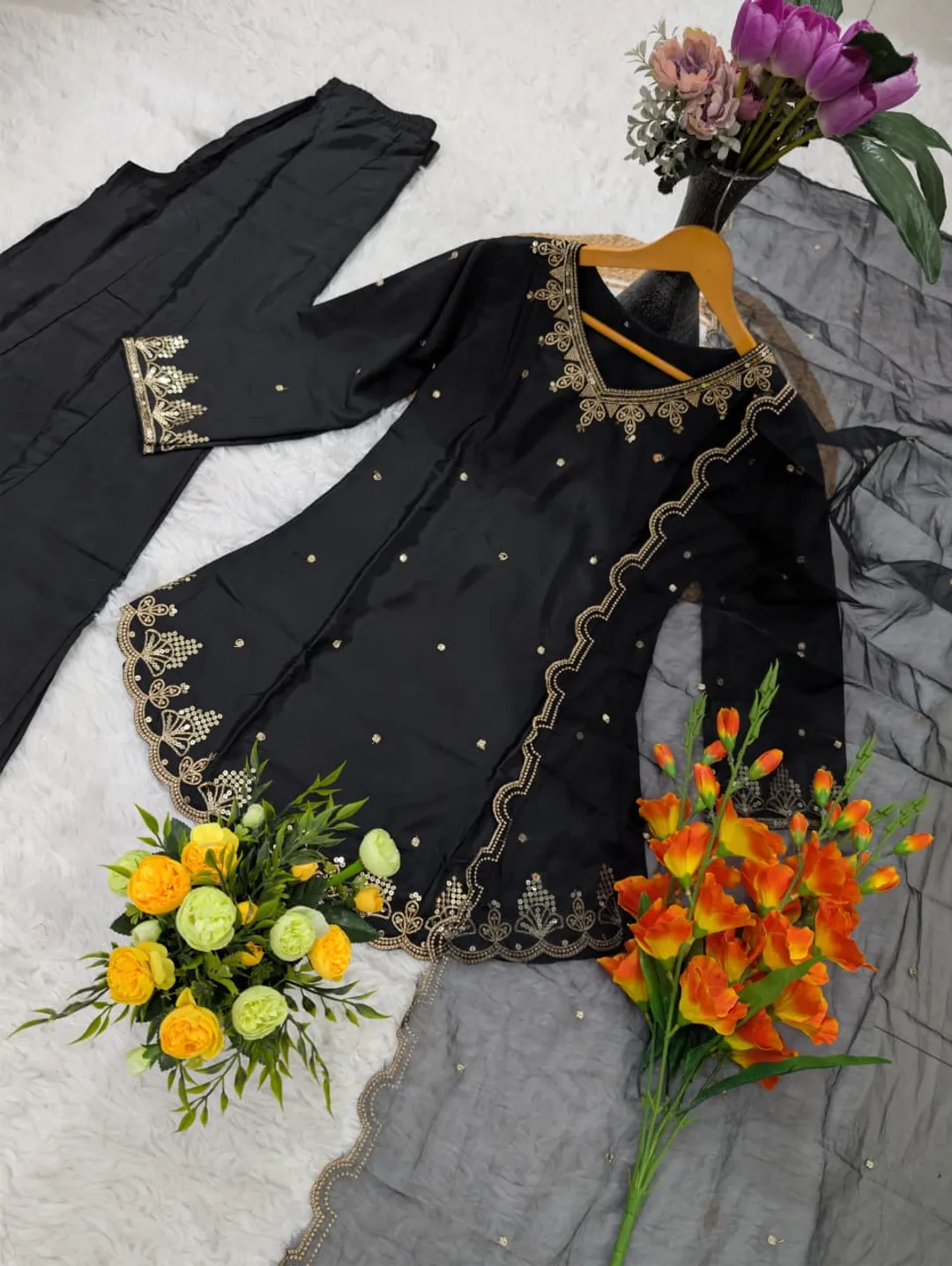 Black Heavy Silk Crepe Kurta Set with Sequence Embroidery