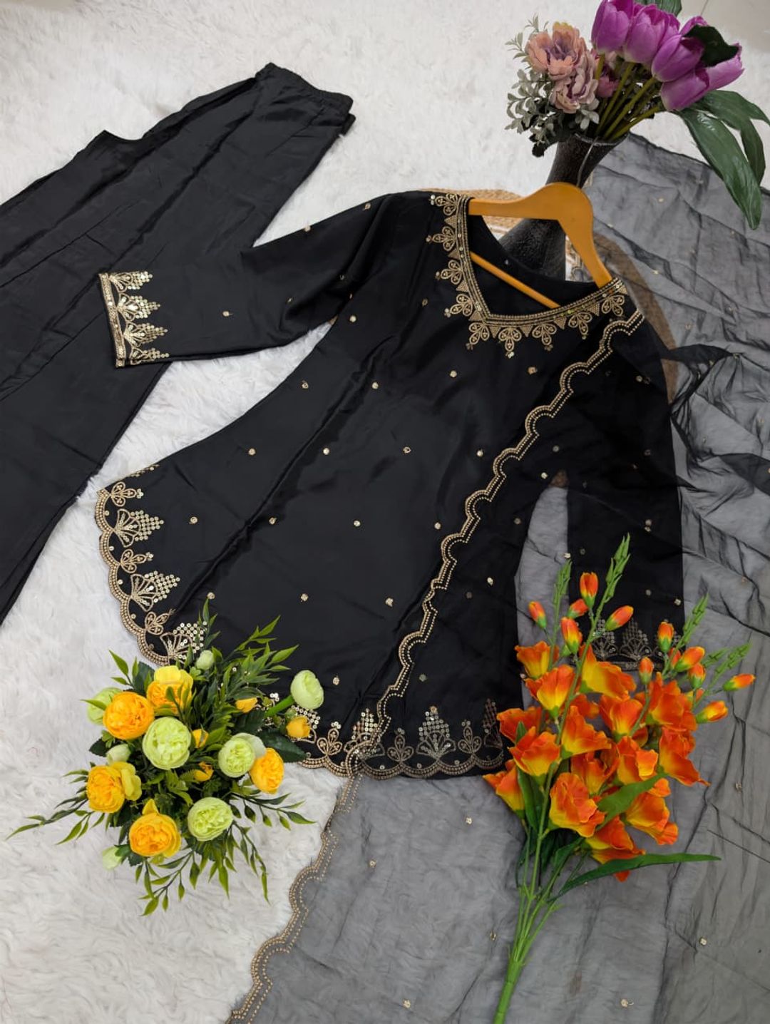 Black Heavy Silk Crepe Kurta Set with Sequence Embroidery