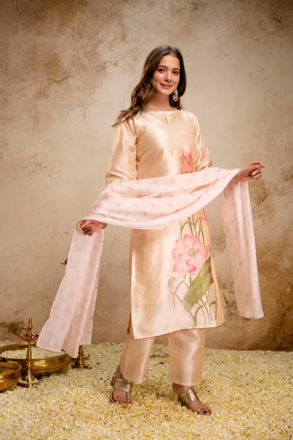 Peach Assam Silk Kurta Set with Printed Organza Dupatta