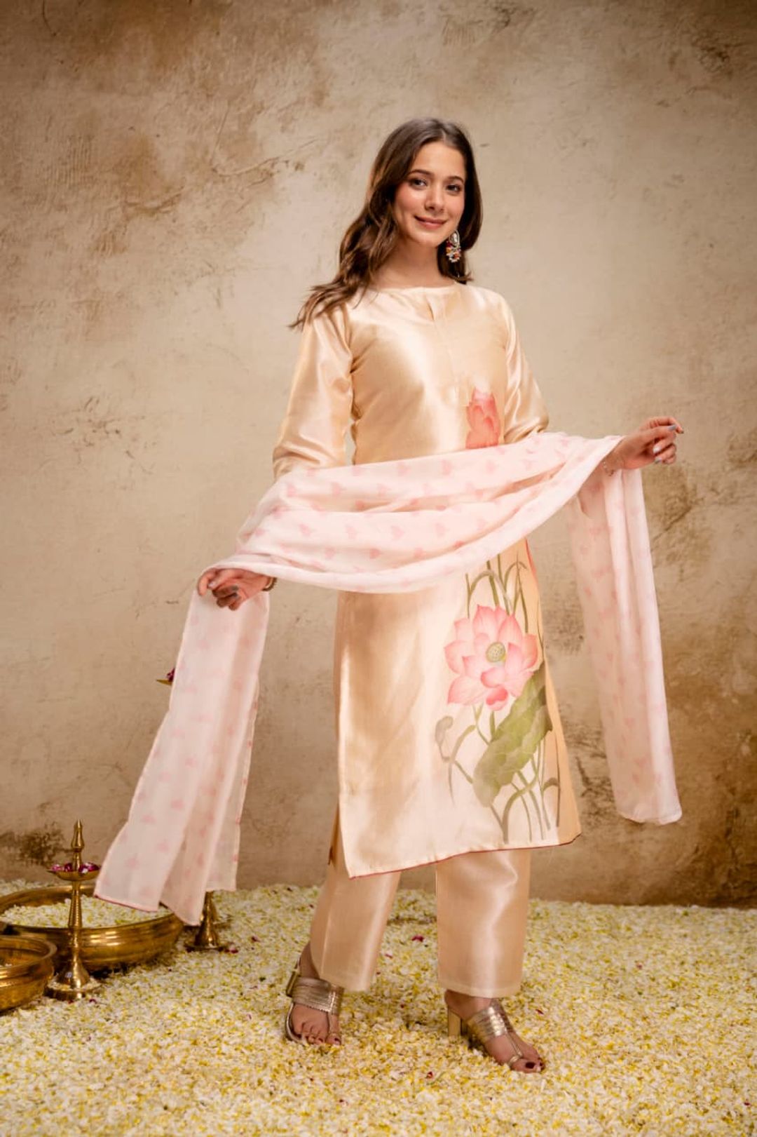 Peach Assam Silk Kurta Set with Printed Organza Dupatta