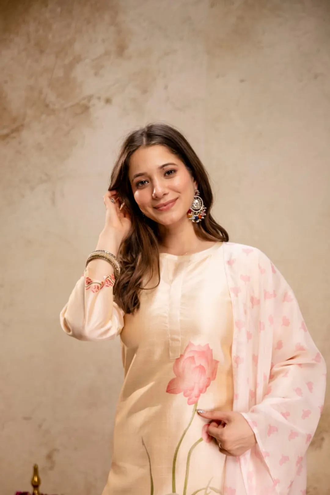 Peach Assam Silk Kurta Set with Printed Organza Dupatta