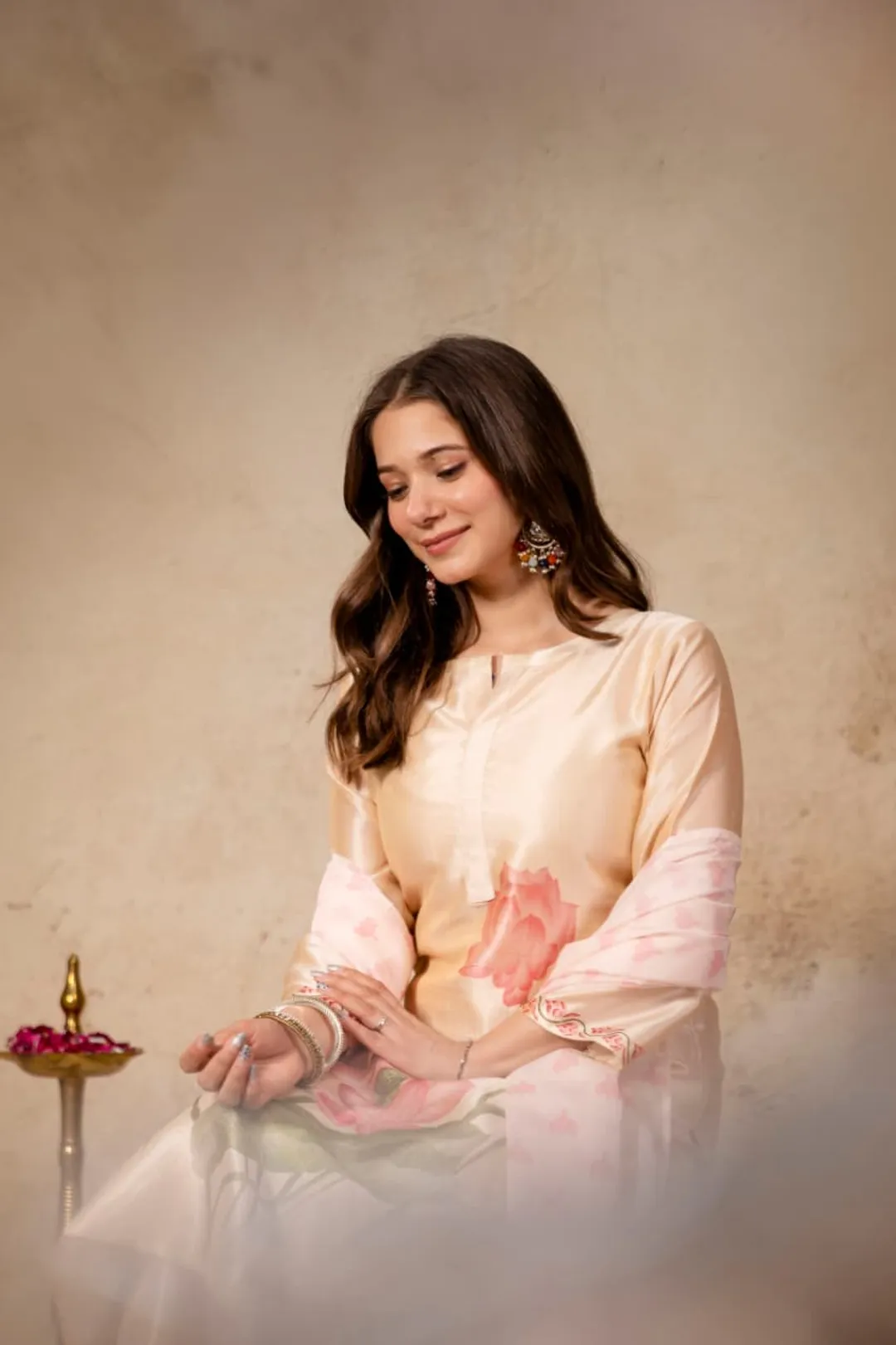 Peach Assam Silk Kurta Set with Printed Organza Dupatta