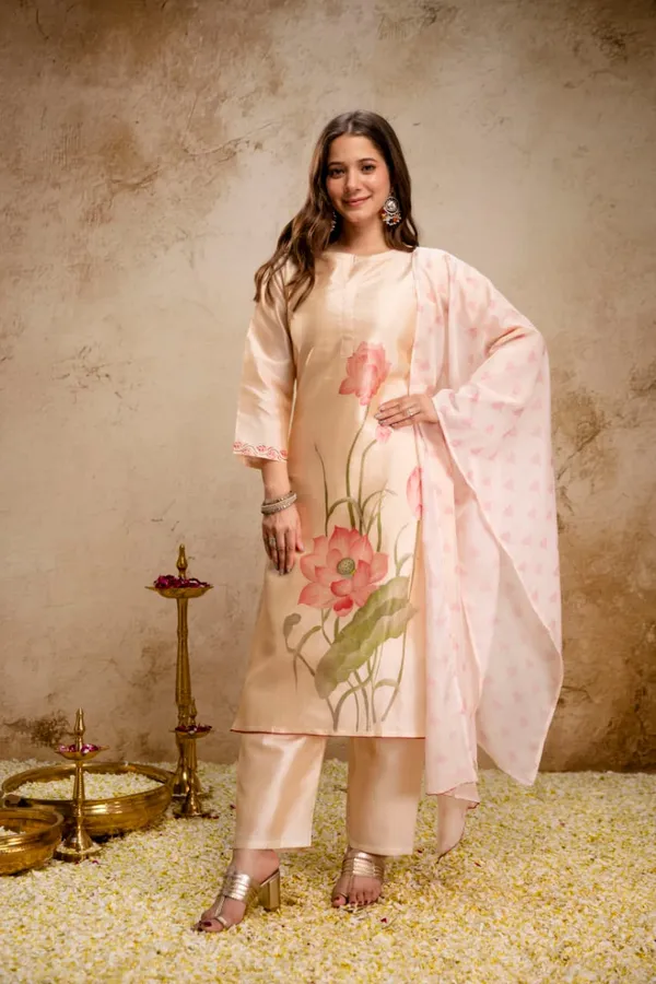Peach Assam Silk Kurta Set with Printed Organza Dupatta