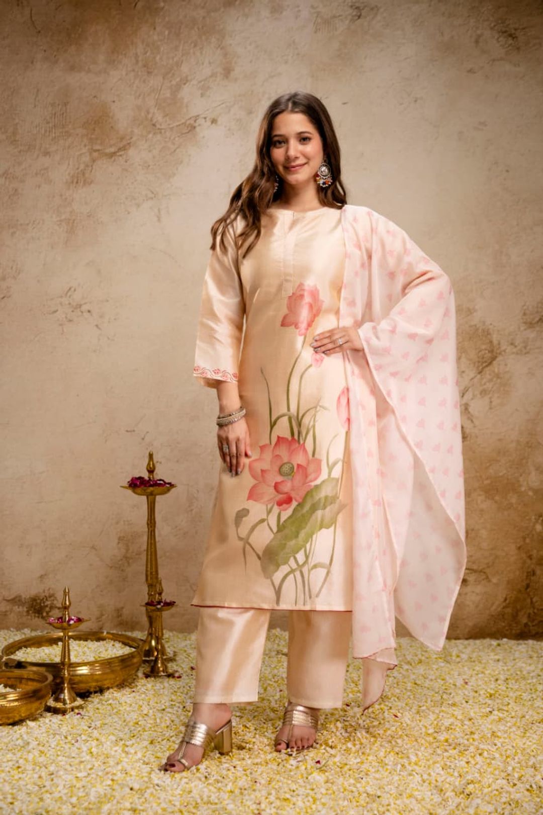 Peach Assam Silk Kurta Set with Printed Organza Dupatta