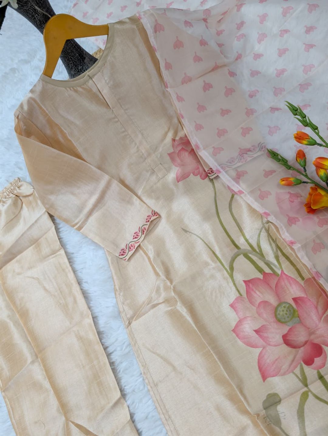 Peach Assam Silk Kurta Set with Printed Organza Dupatta