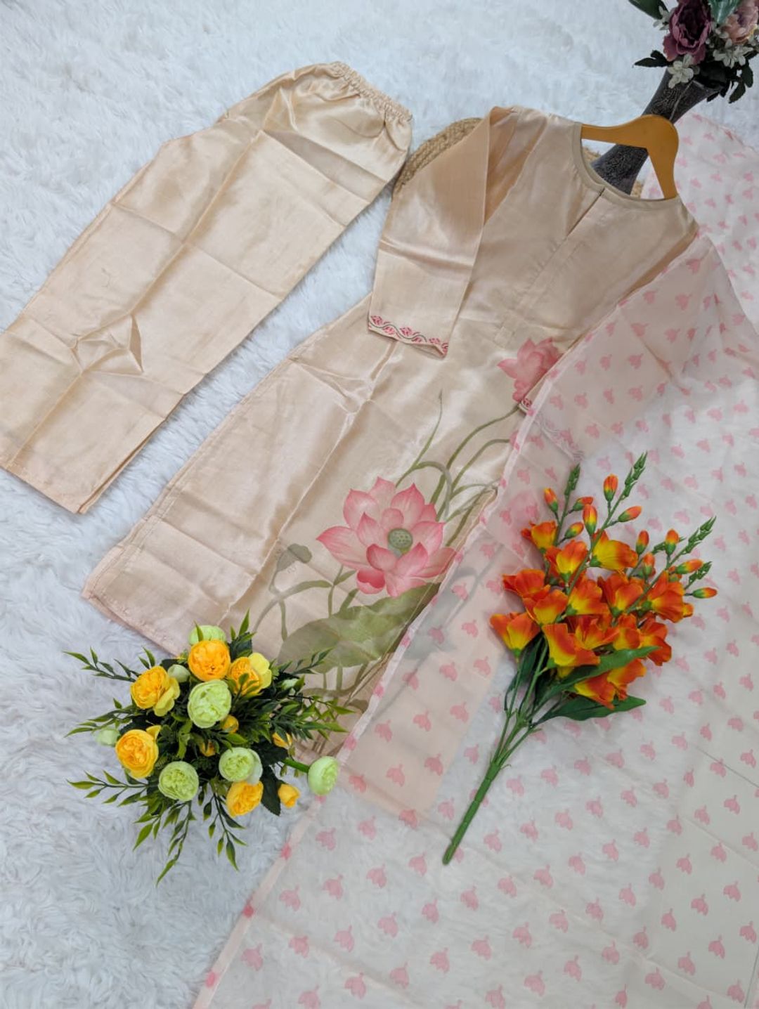 Peach Assam Silk Kurta Set with Printed Organza Dupatta