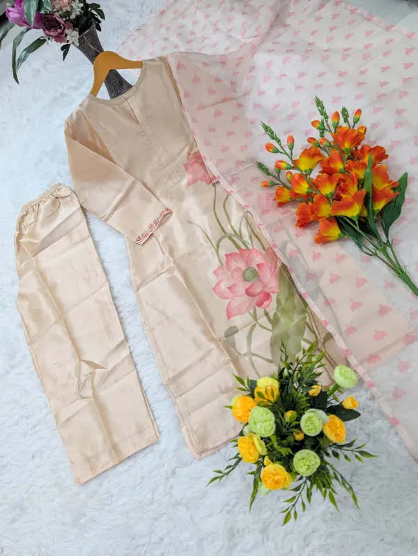 Peach Assam Silk Kurta Set with Printed Organza Dupatta