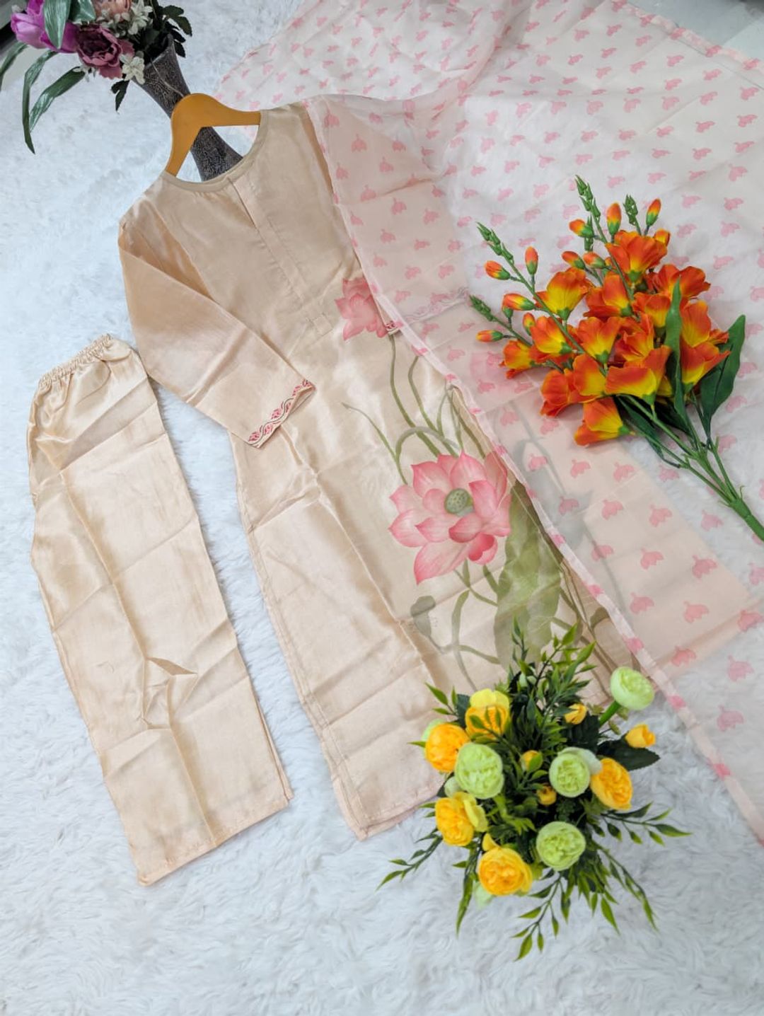 Peach Assam Silk Kurta Set with Printed Organza Dupatta