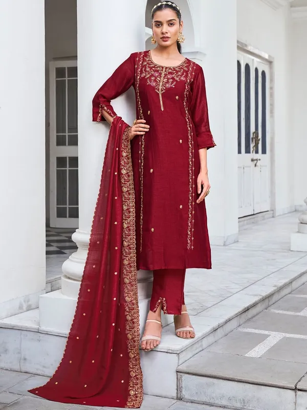 Wine Pure Vichitra Silk Kurta Set with Sequin Work & Dupatta