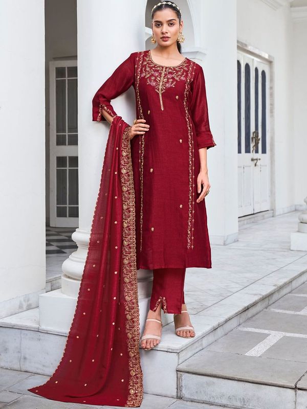 Wine Pure Vichitra Silk Kurta Set with Sequin Work & Dupatta