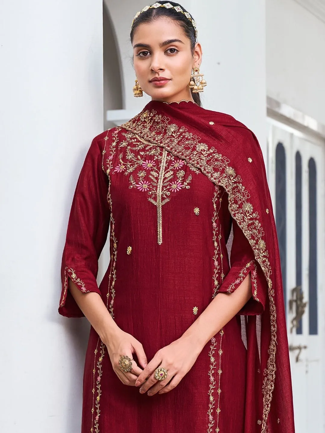 Wine Pure Vichitra Silk Kurta Set with Sequin Work & Dupatta