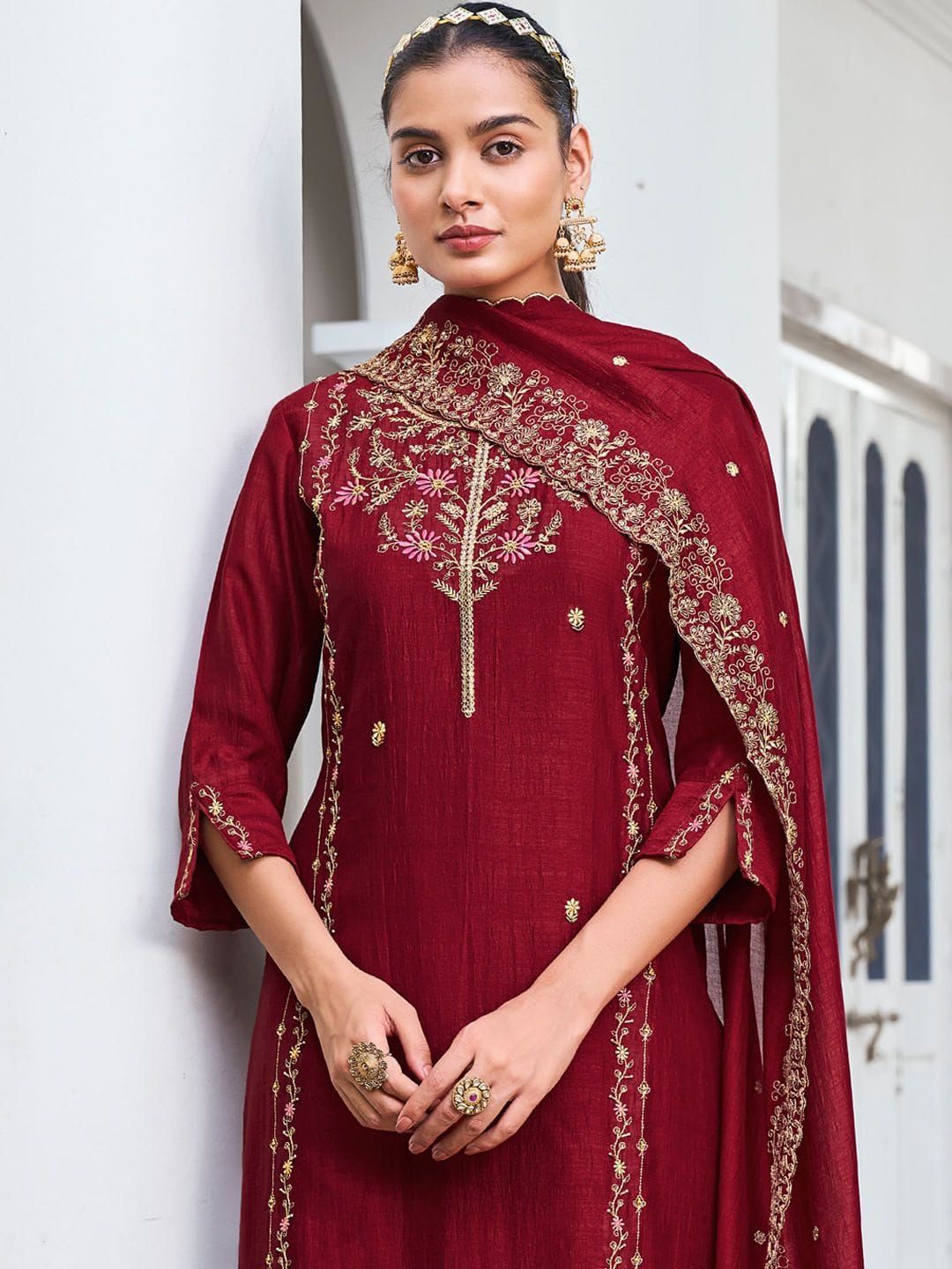 Wine Pure Vichitra Silk Kurta Set with Sequin Work & Dupatta