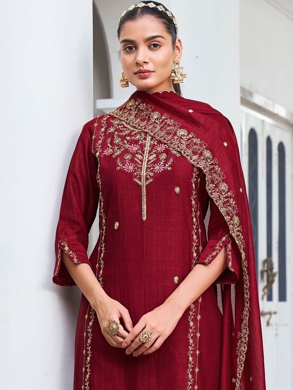 Wine Pure Vichitra Silk Kurta Set with Sequin Work & Dupatta