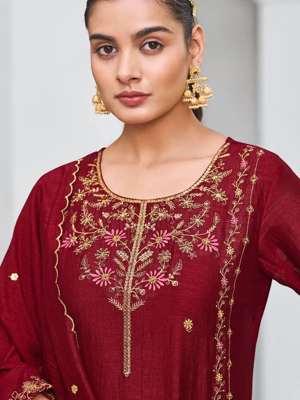 Wine Pure Vichitra Silk Kurta Set with Sequin Work & Dupatta