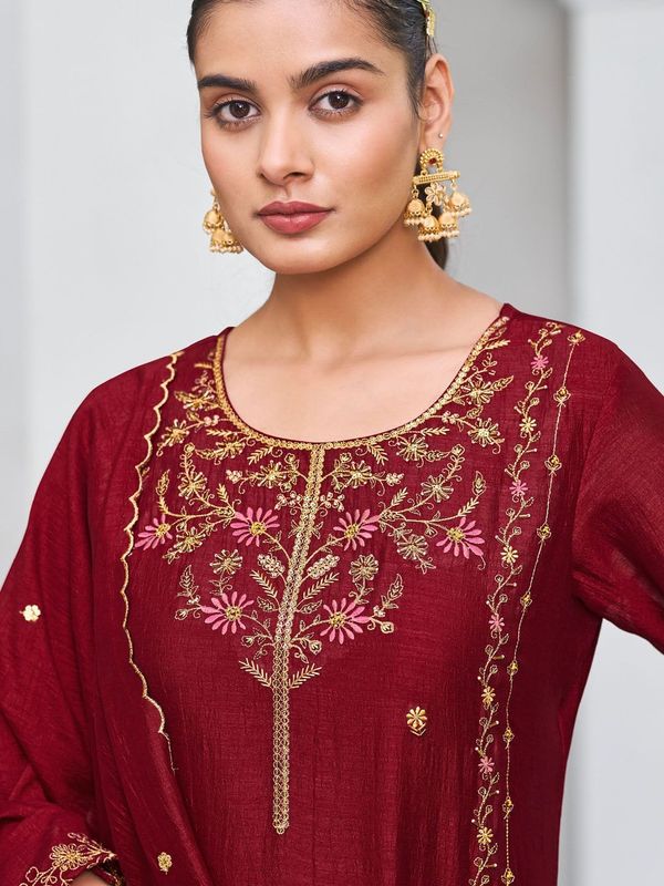 Wine Pure Vichitra Silk Kurta Set with Sequin Work & Dupatta