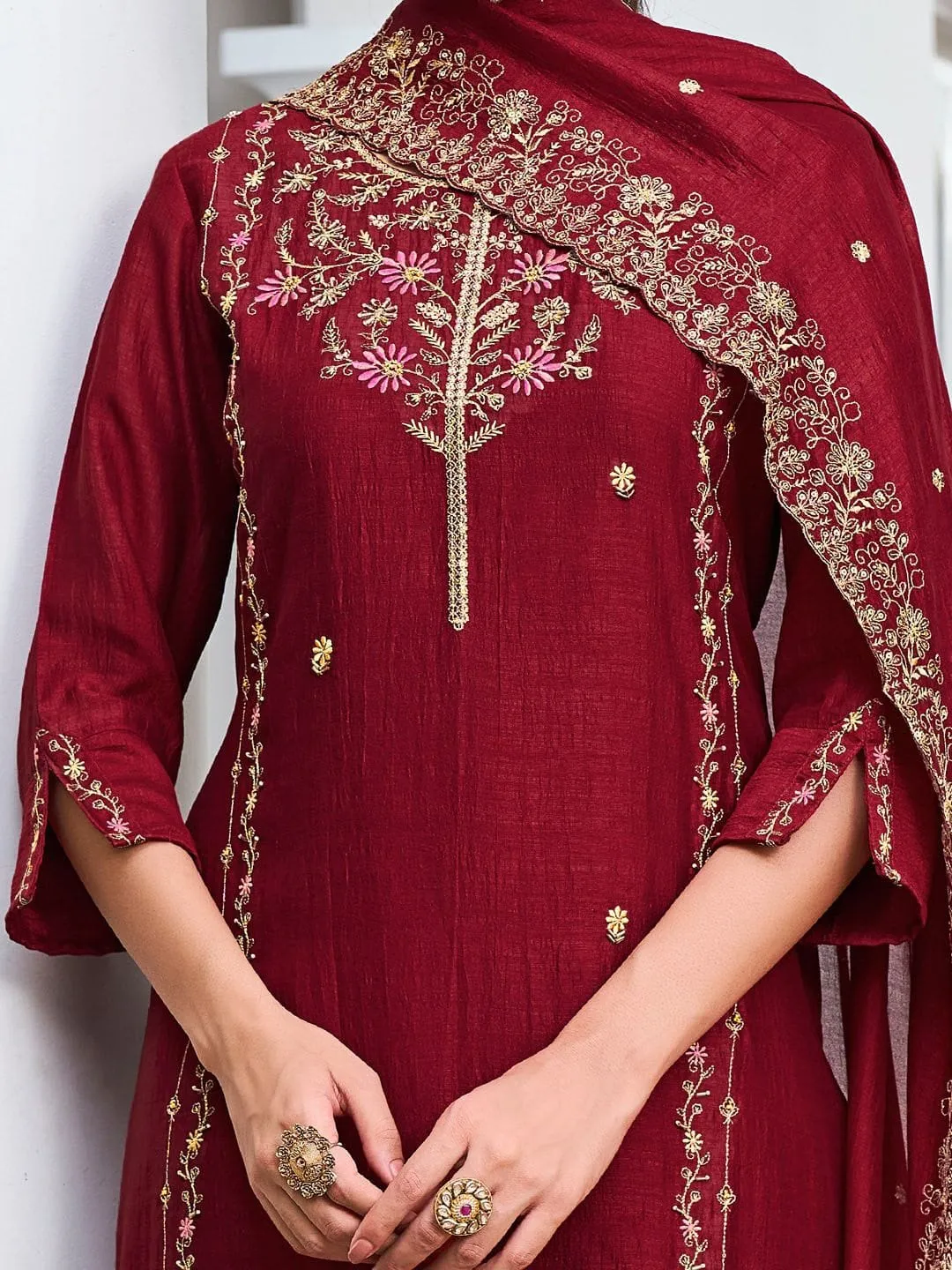 Wine Pure Vichitra Silk Kurta Set with Sequin Work & Dupatta