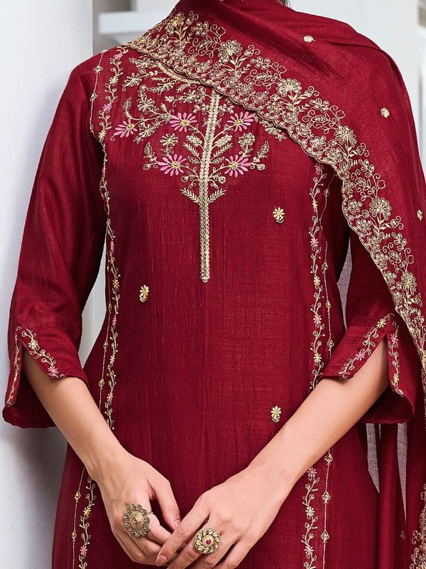 Wine Pure Vichitra Silk Kurta Set with Sequin Work & Dupatta