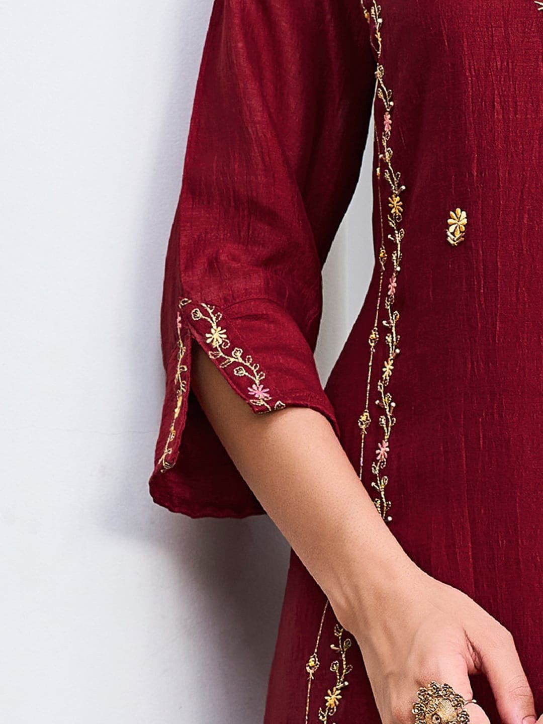 Wine Pure Vichitra Silk Kurta Set with Sequin Work & Dupatta