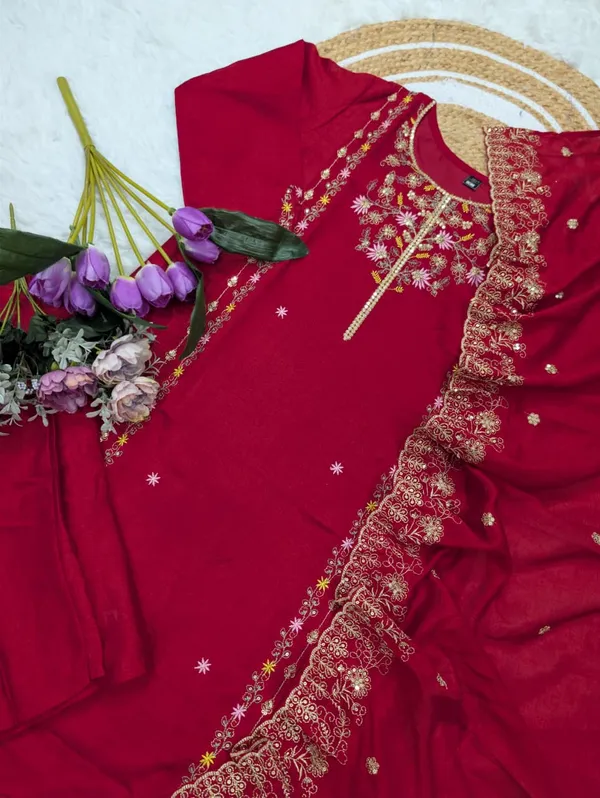 Wine Pure Vichitra Silk Kurta Set with Sequin Work & Dupatta