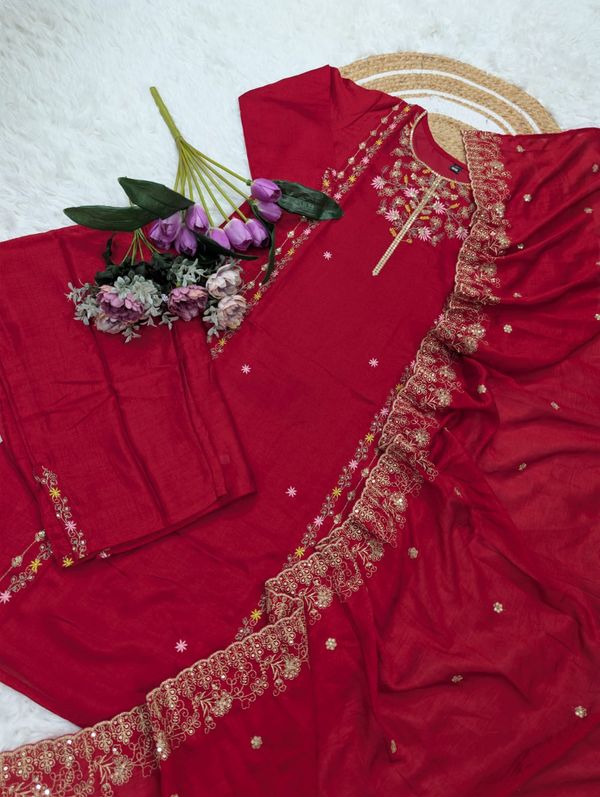 Wine Pure Vichitra Silk Kurta Set with Sequin Work & Dupatta
