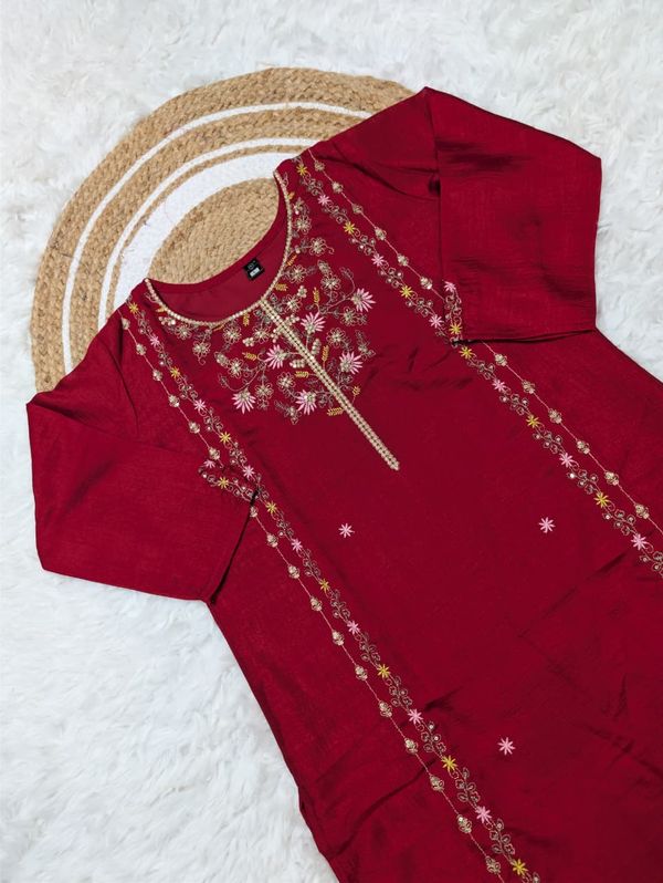 Wine Pure Vichitra Silk Kurta Set with Sequin Work & Dupatta