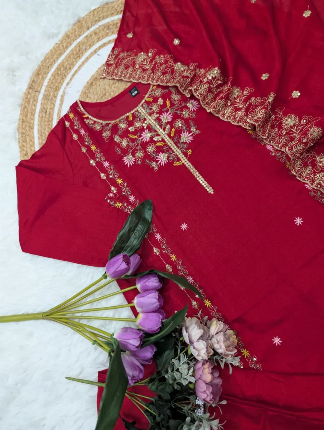 Wine Pure Vichitra Silk Kurta Set with Sequin Work & Dupatta