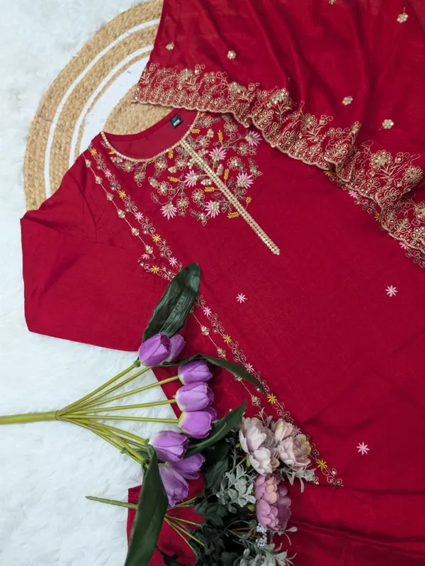 Wine Pure Vichitra Silk Kurta Set with Sequin Work & Dupatta
