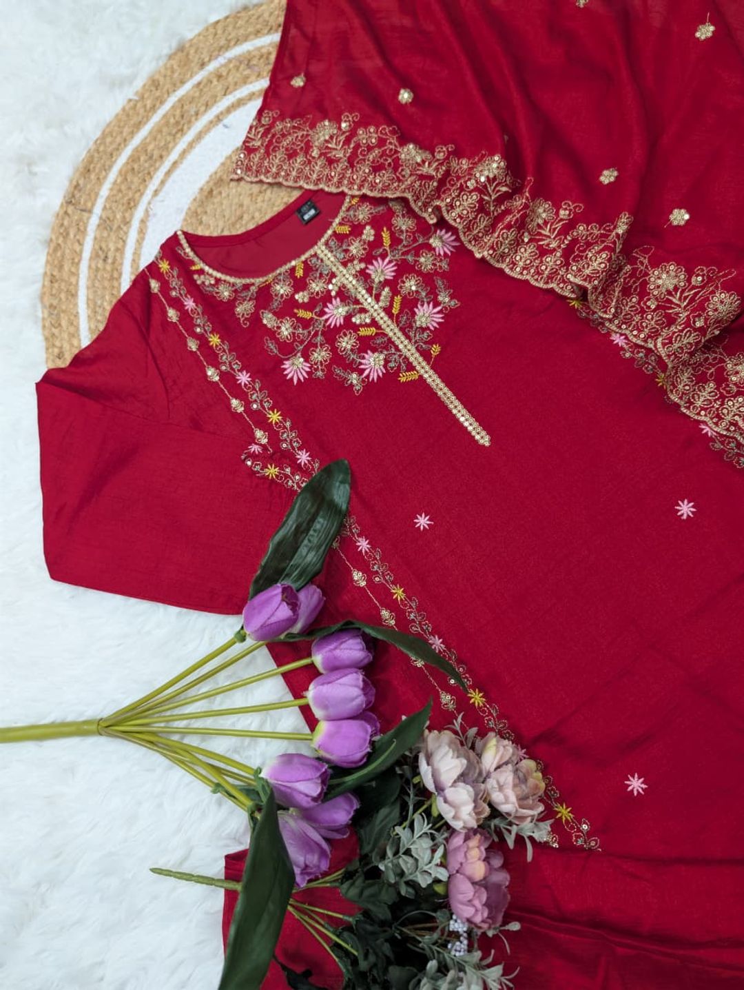 Wine Pure Vichitra Silk Kurta Set with Sequin Work & Dupatta