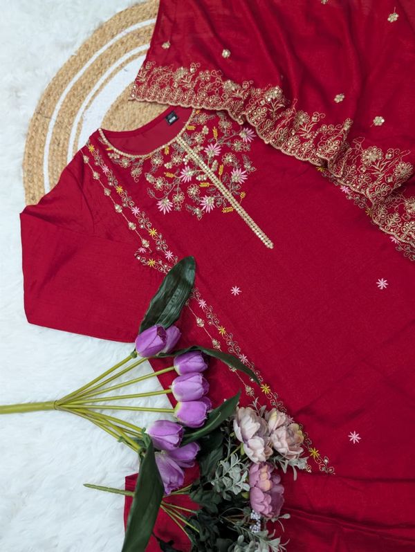 Wine Pure Vichitra Silk Kurta Set with Sequin Work & Dupatta