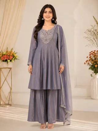 Grey Fandy Silk Sarara Set with Embroidery and Dupatta